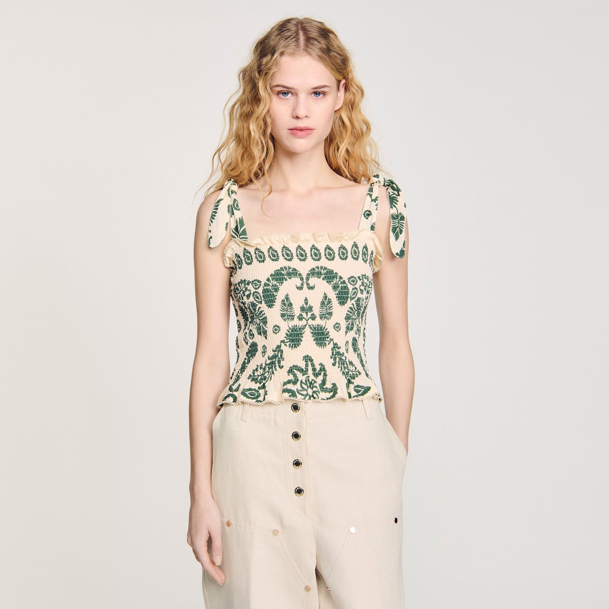 Sandro / Floral motif smocked top Ecru / Green