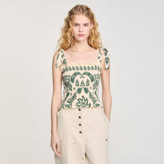 Sandro / Floral motif smocked top Ecru / Green