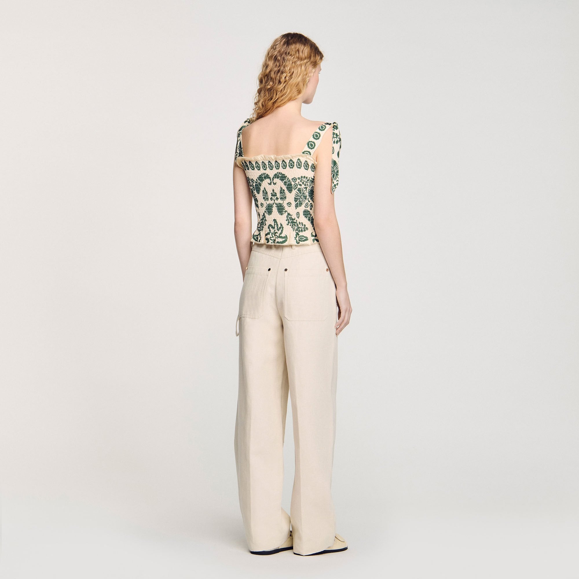 Sandro / Floral motif smocked top Ecru / Green