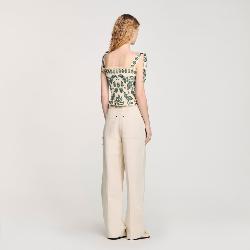 Sandro / Floral motif smocked top Ecru / Green
