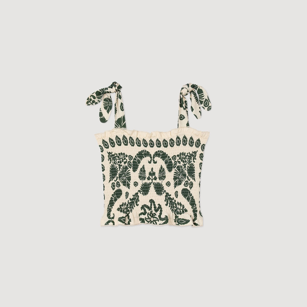 Sandro / Floral motif smocked top Ecru / Green
