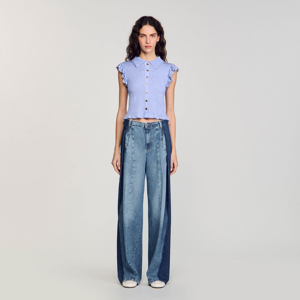 Sandro / Striped smocked T-shirt Sky Blue