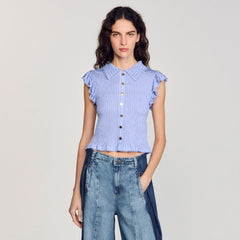 Sandro / Striped smocked T-shirt Sky Blue