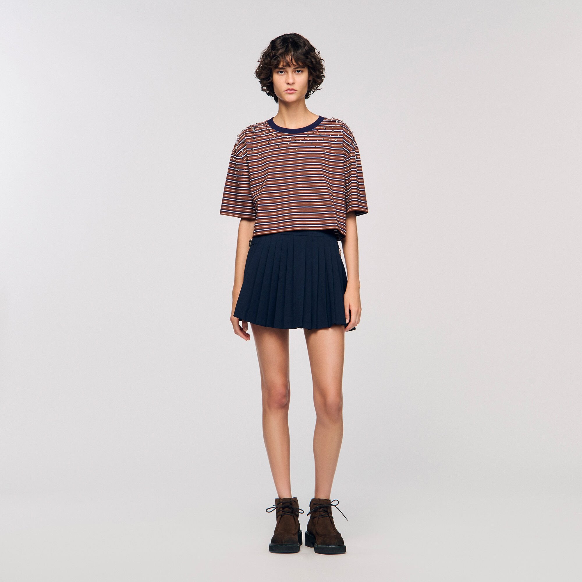 Sandro / Striped rhinestone T-shirt Brown / Deep Blu