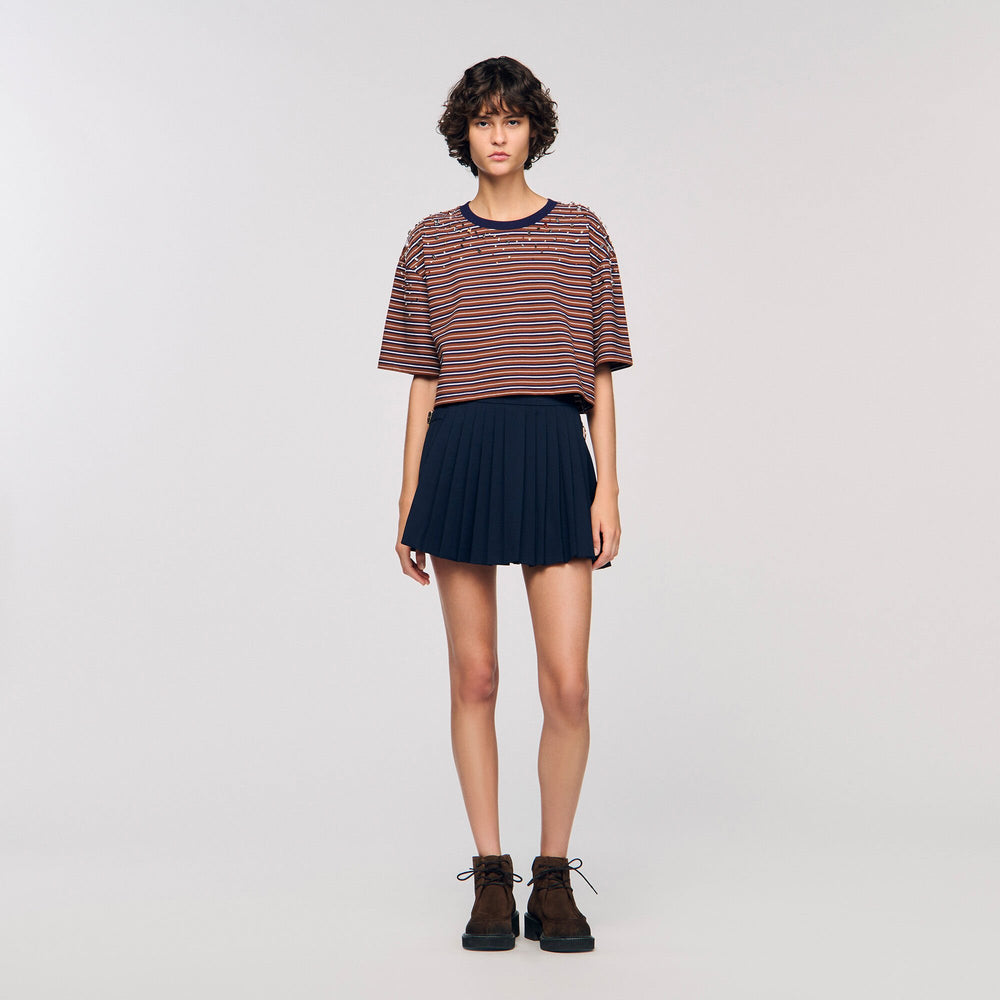 Sandro / Striped rhinestone T-shirt Brown / Deep Blu