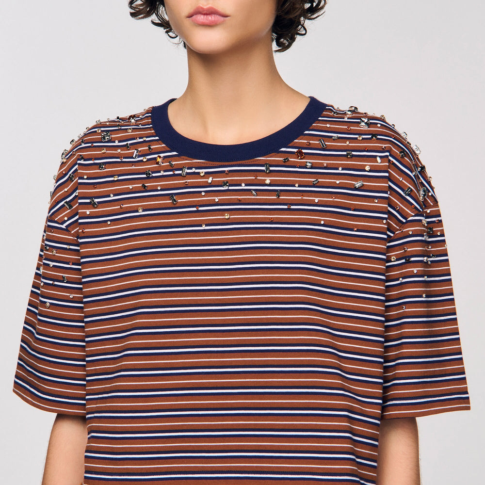 Sandro / Striped rhinestone T-shirt Brown / Deep Blu