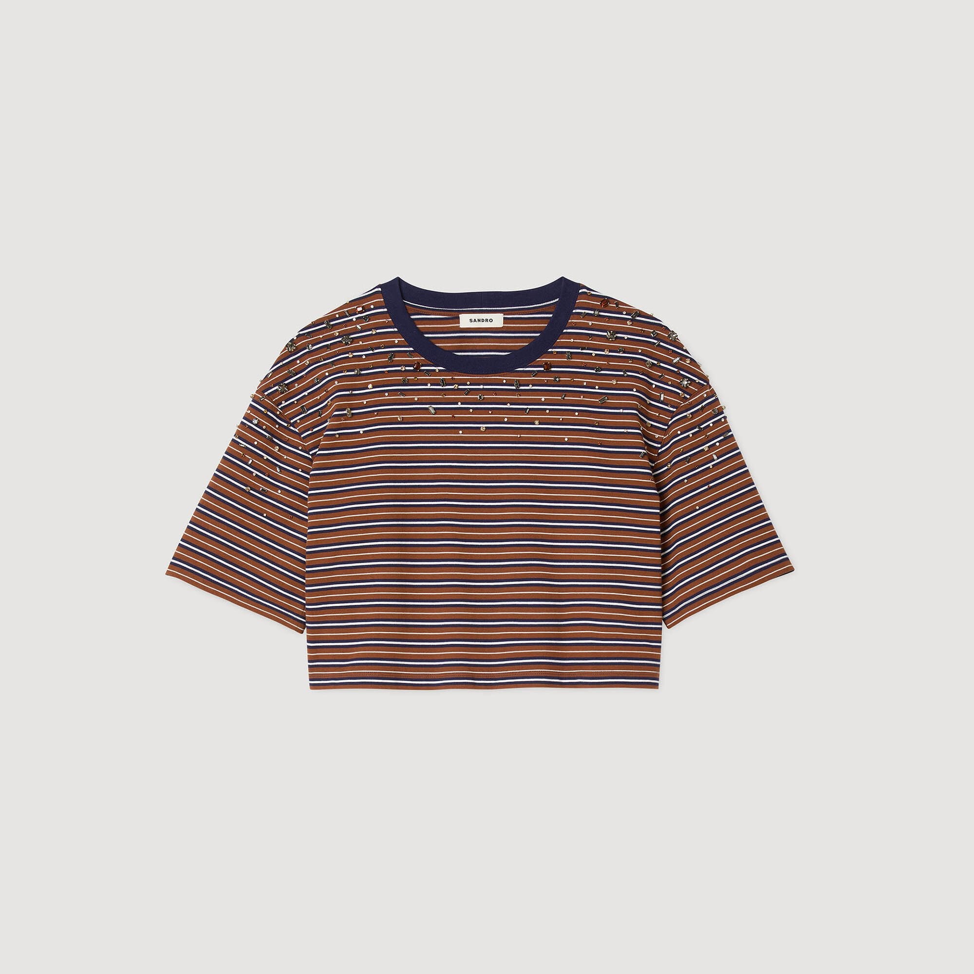 Sandro / Striped rhinestone T-shirt Brown / Deep Blu