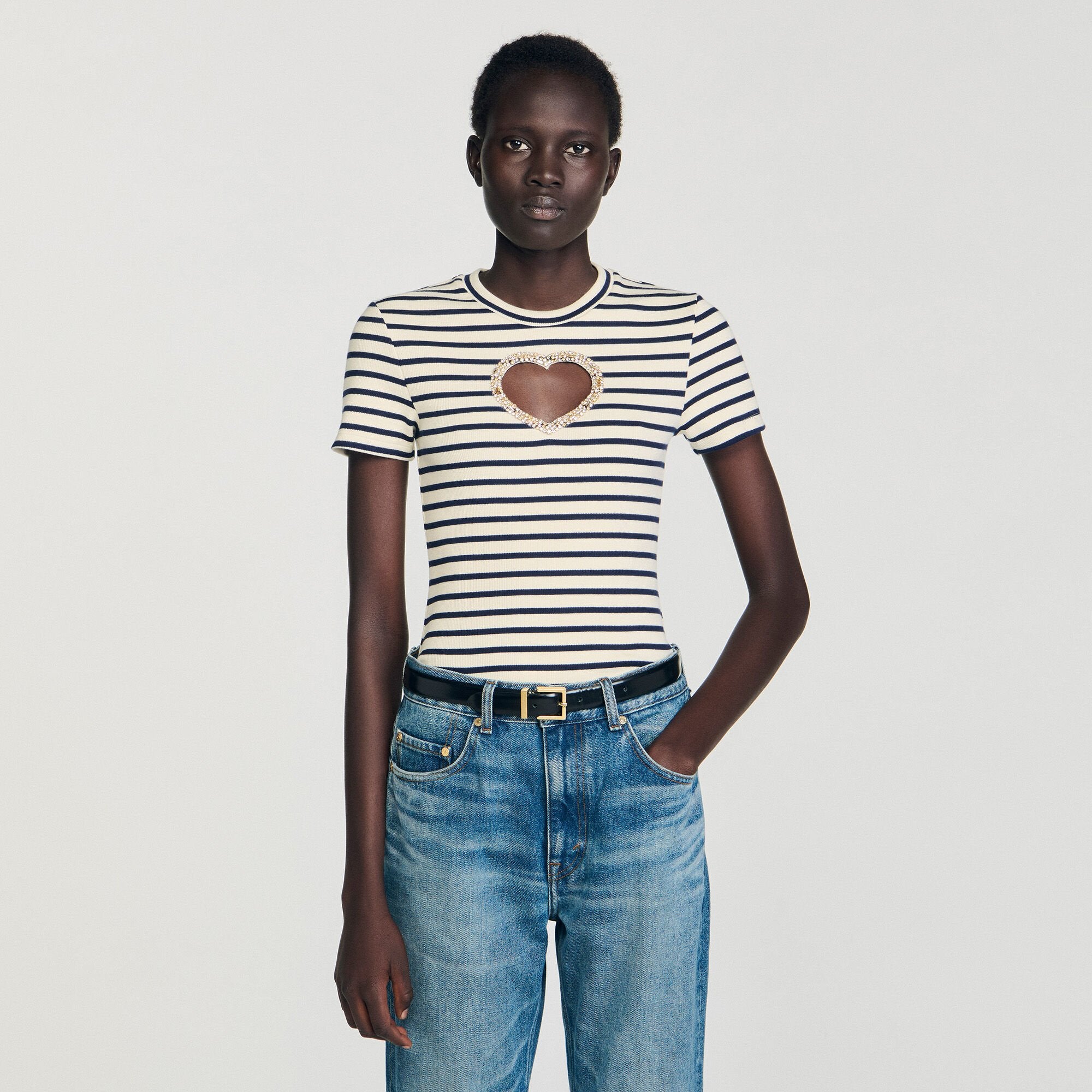Sandro / Rhinestone heart T-shirt Ecru
