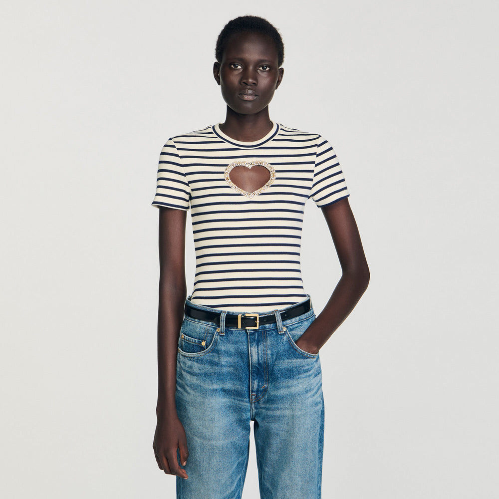 Sandro / Rhinestone heart T-shirt Ecru