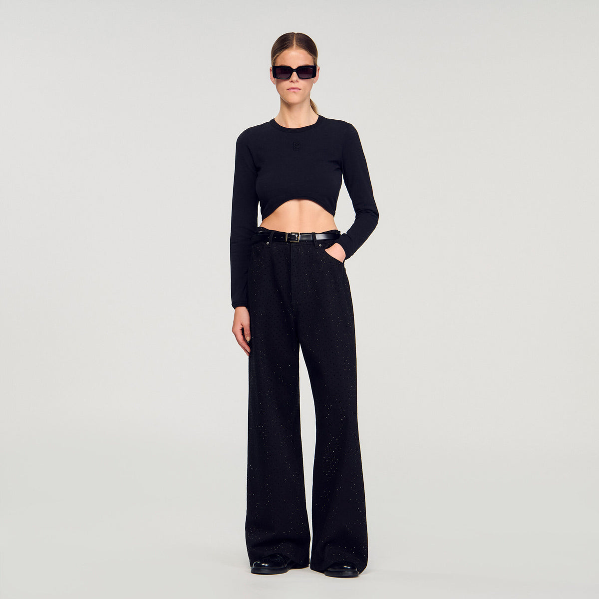 Sandro / Cropped embroidered T-shirt Black
