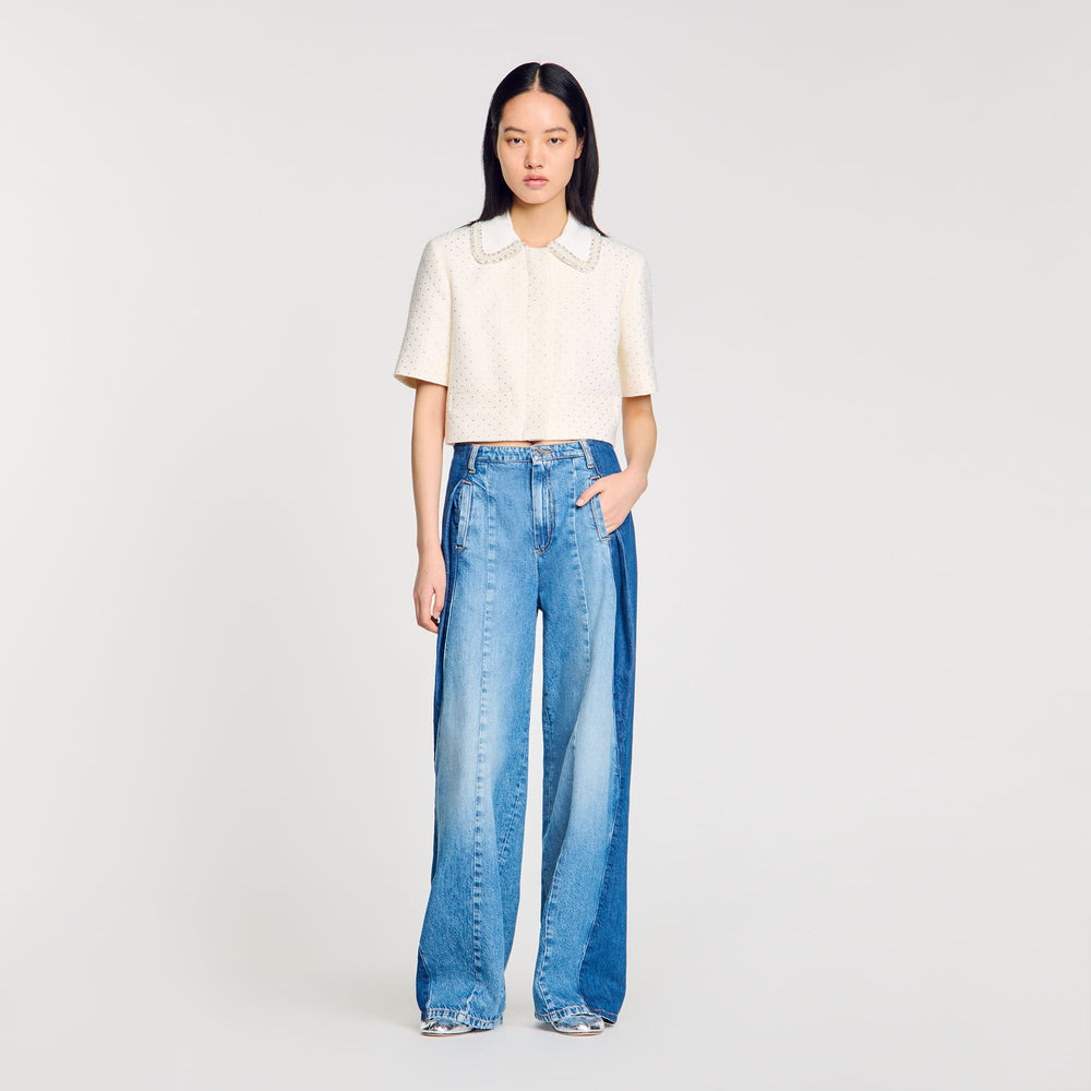 Sandro / Short-sleeved rhinestone jacket Ecru