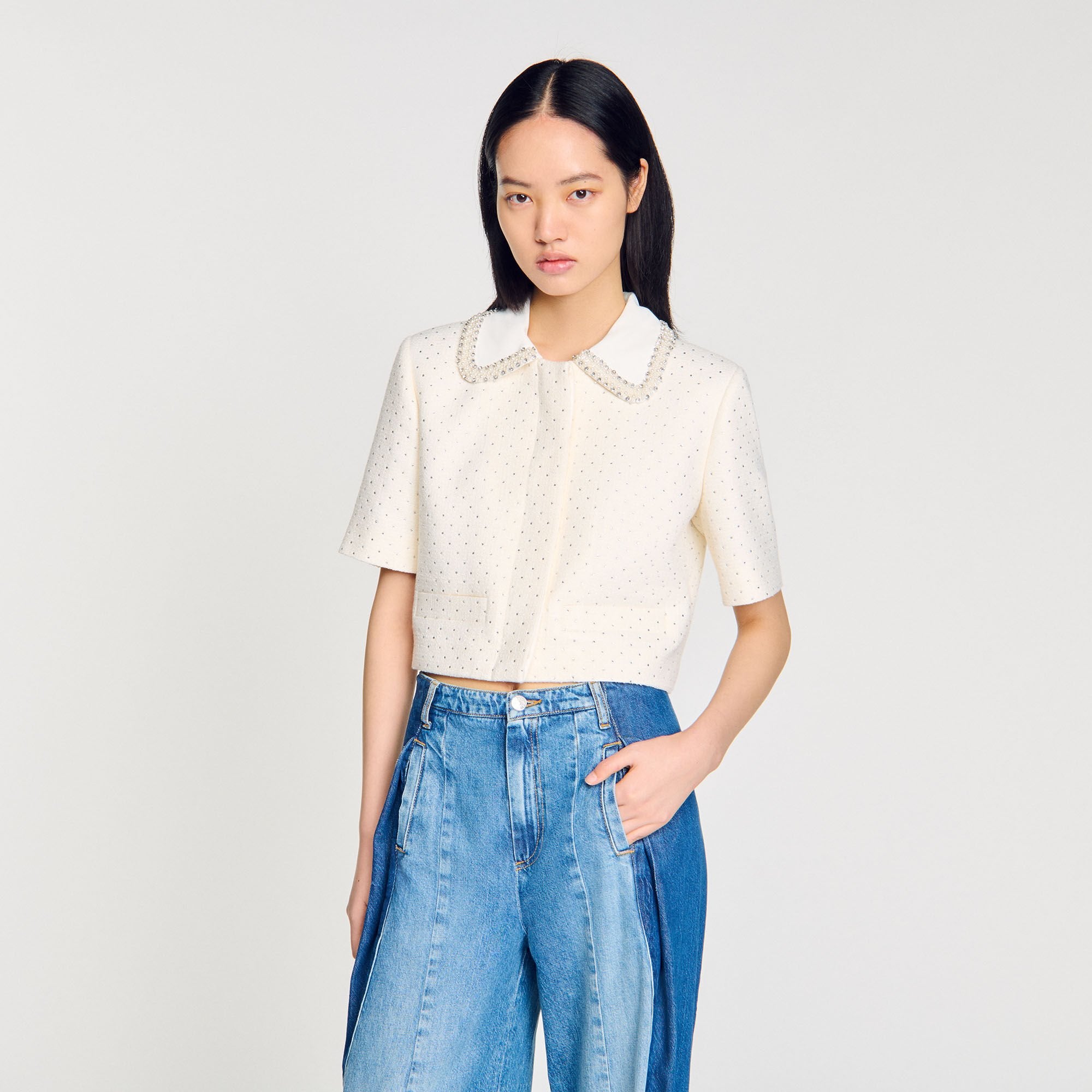 Sandro / Short-sleeved rhinestone jacket Ecru