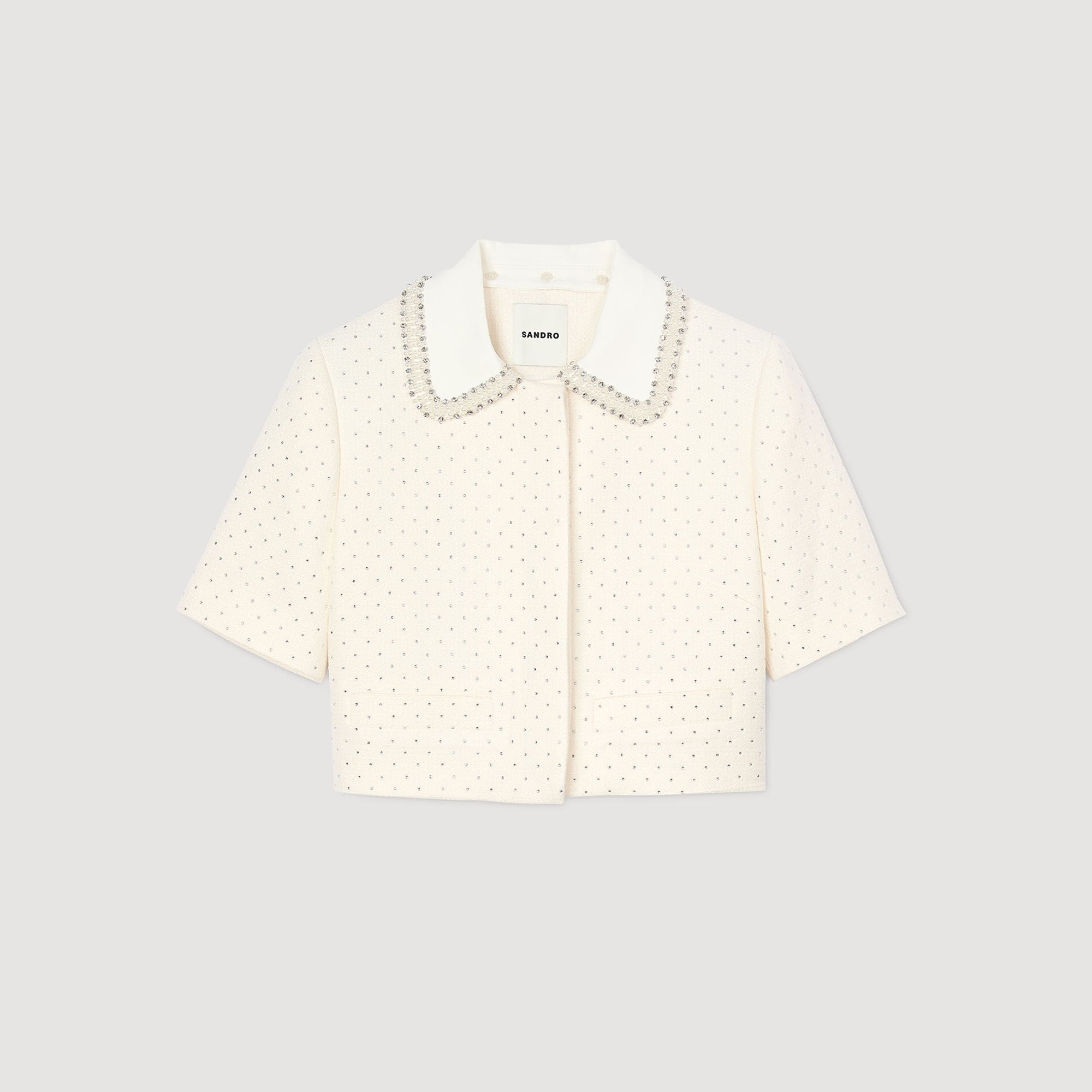 Sandro / Short-sleeved rhinestone jacket Ecru