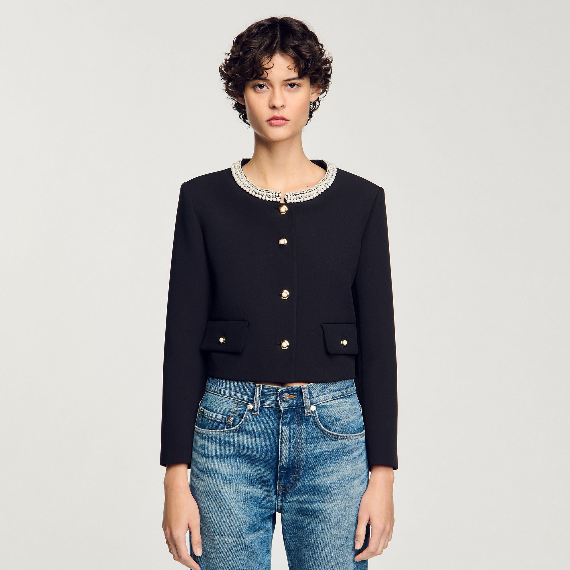Sandro / Jacket with beaded collar Black