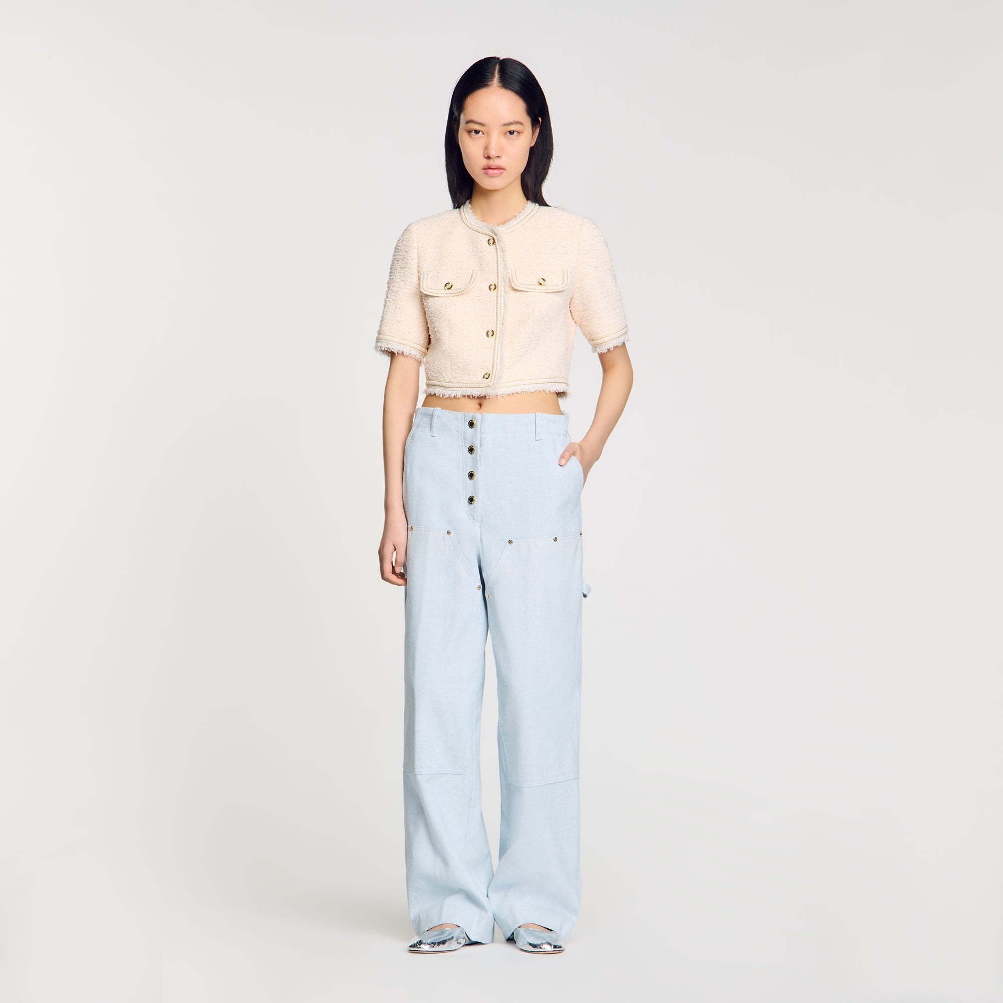 Sandro / Short-sleeved tweed jacket Ecru / Pink