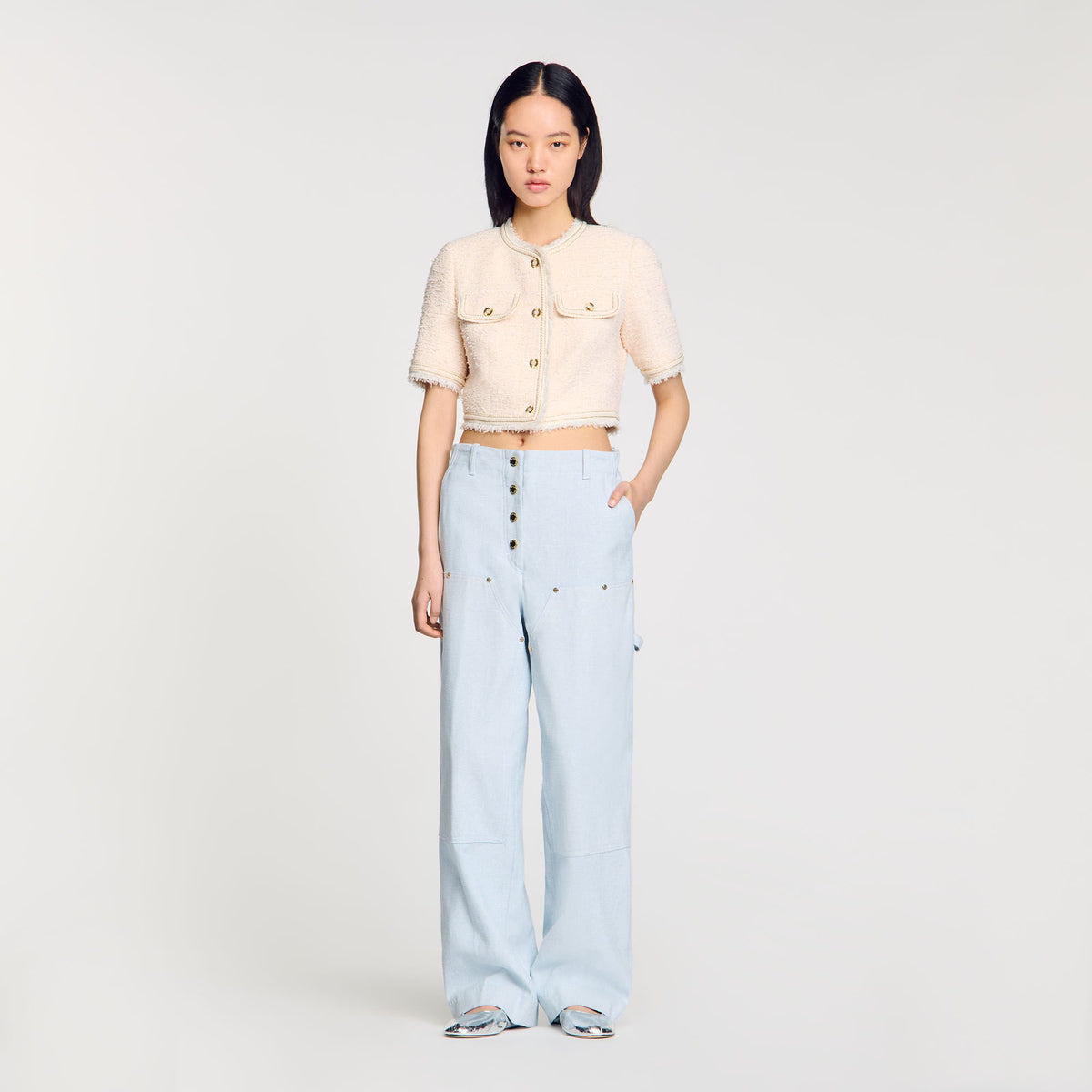 Sandro / Short-sleeved tweed jacket Ecru / Pink