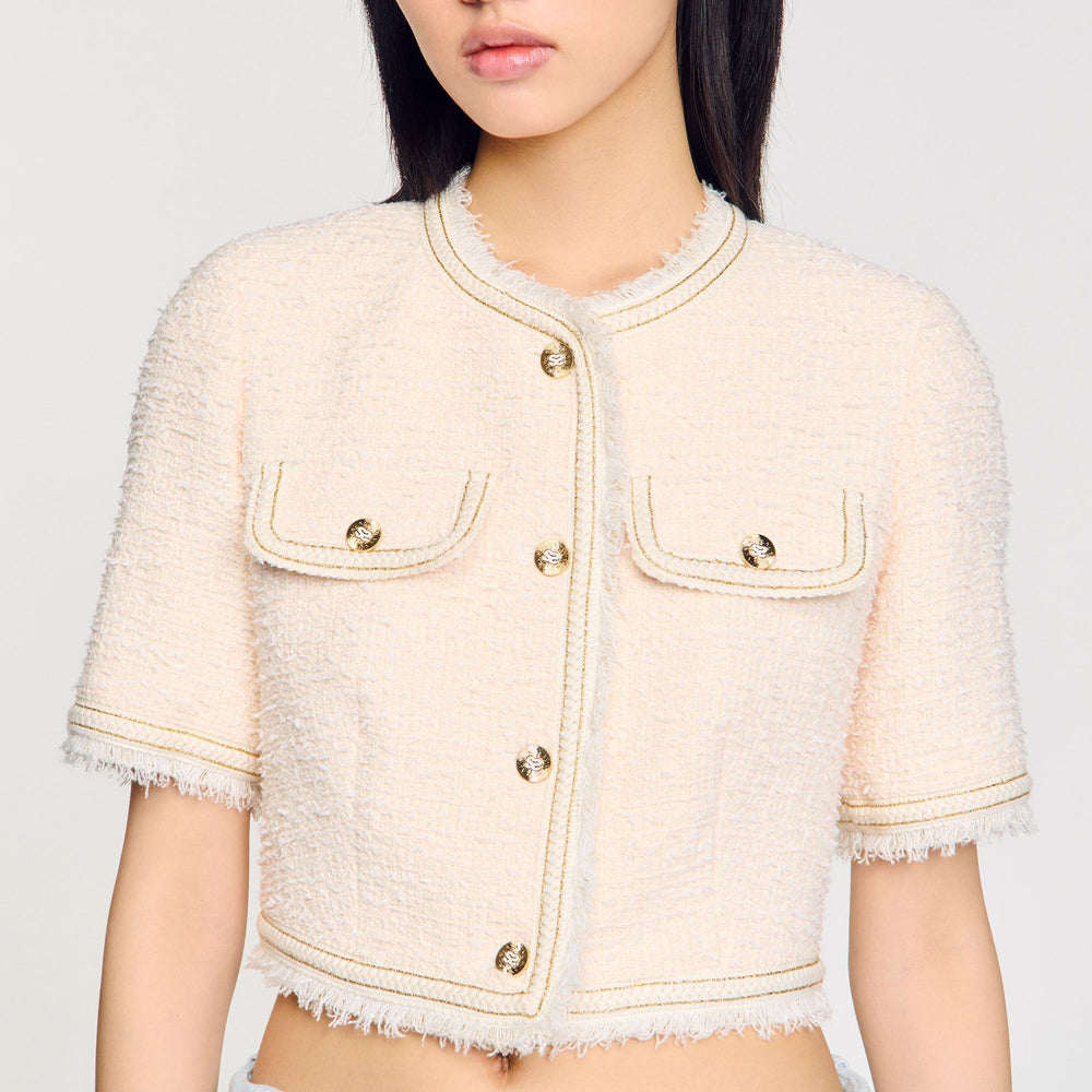 Sandro / Short-sleeved tweed jacket Ecru / Pink
