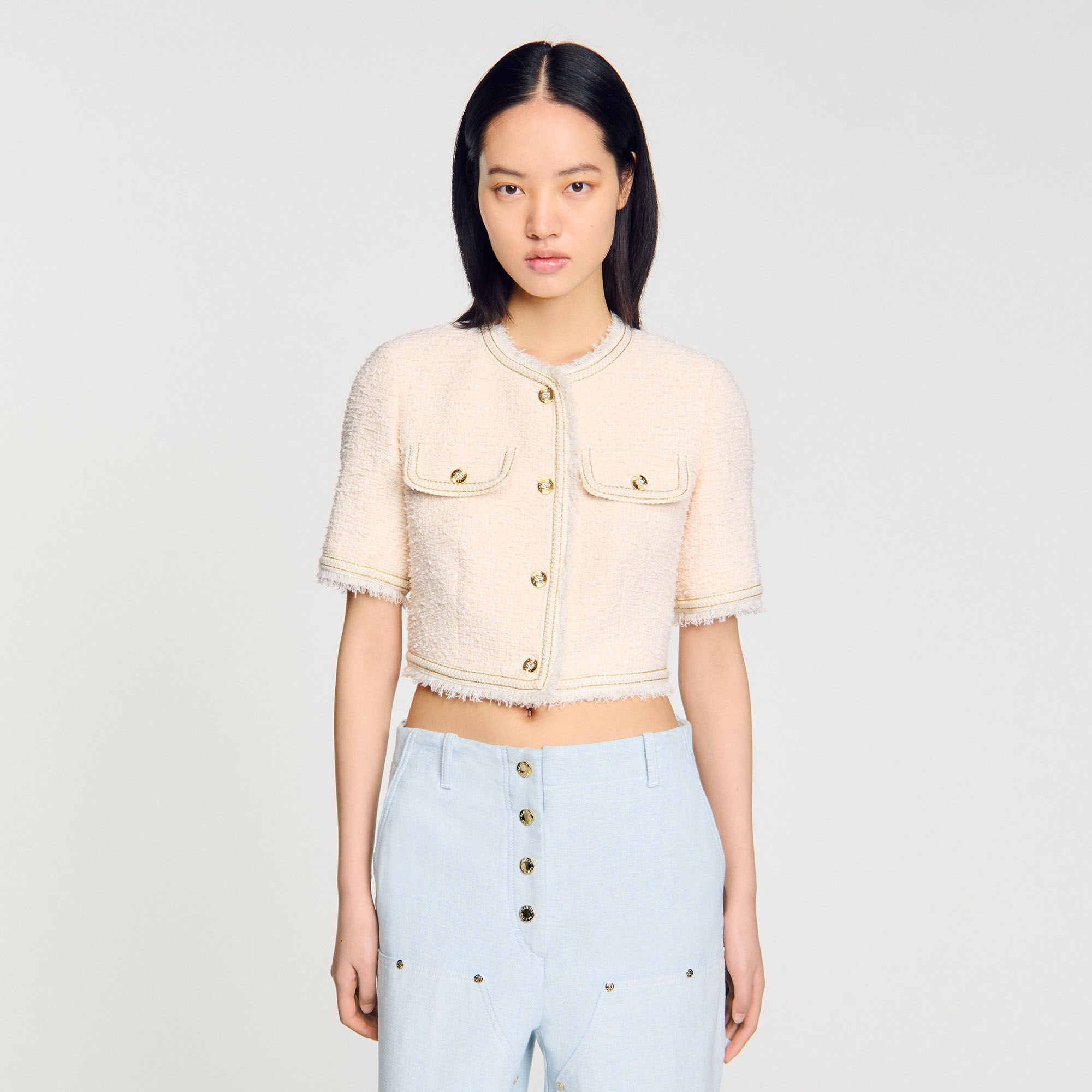 Sandro / Short-sleeved tweed jacket Ecru / Pink