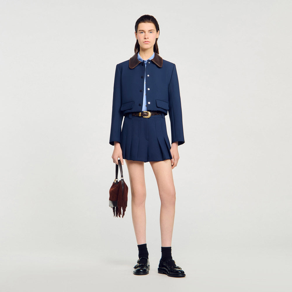 Sandro / Cropped jacket with leather collar Navy Blue