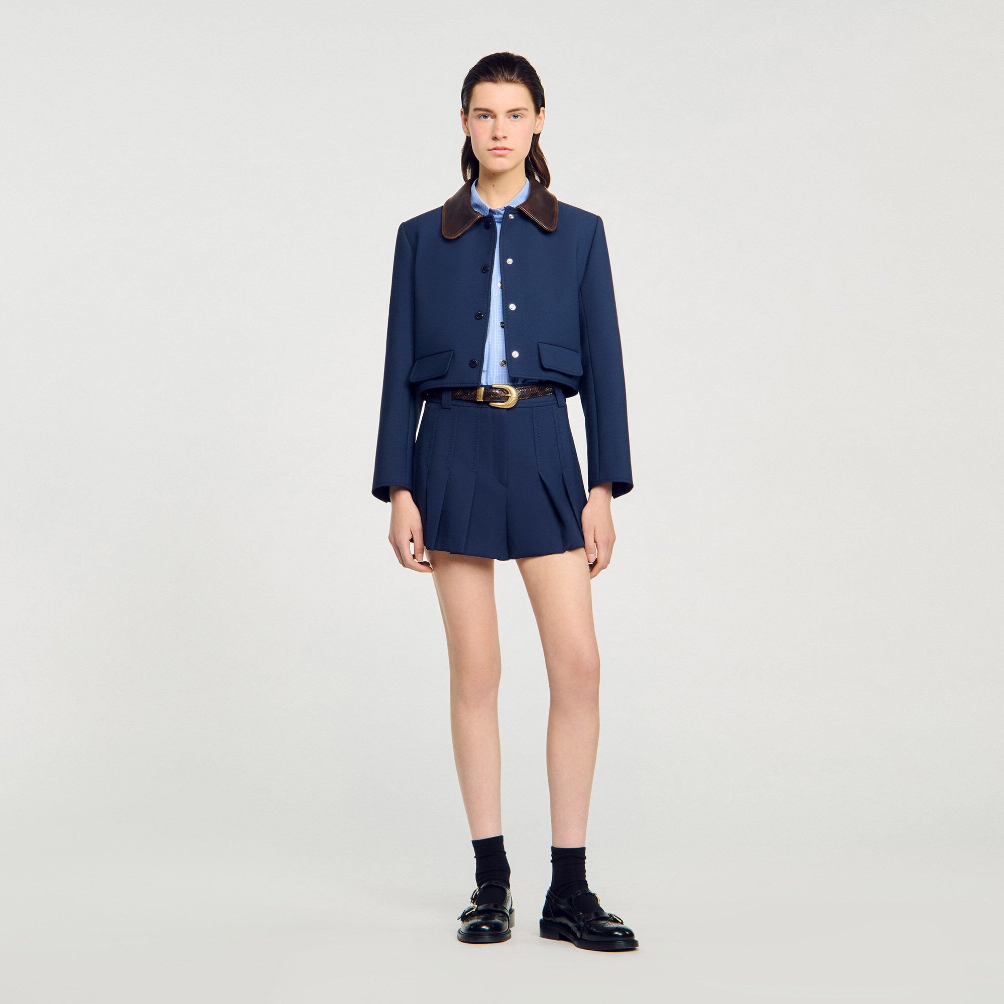 Sandro / Cropped jacket with leather collar Navy Blue