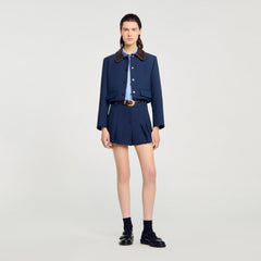 Sandro / Cropped jacket with leather collar Navy Blue