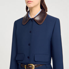 Sandro / Cropped jacket with leather collar Navy Blue