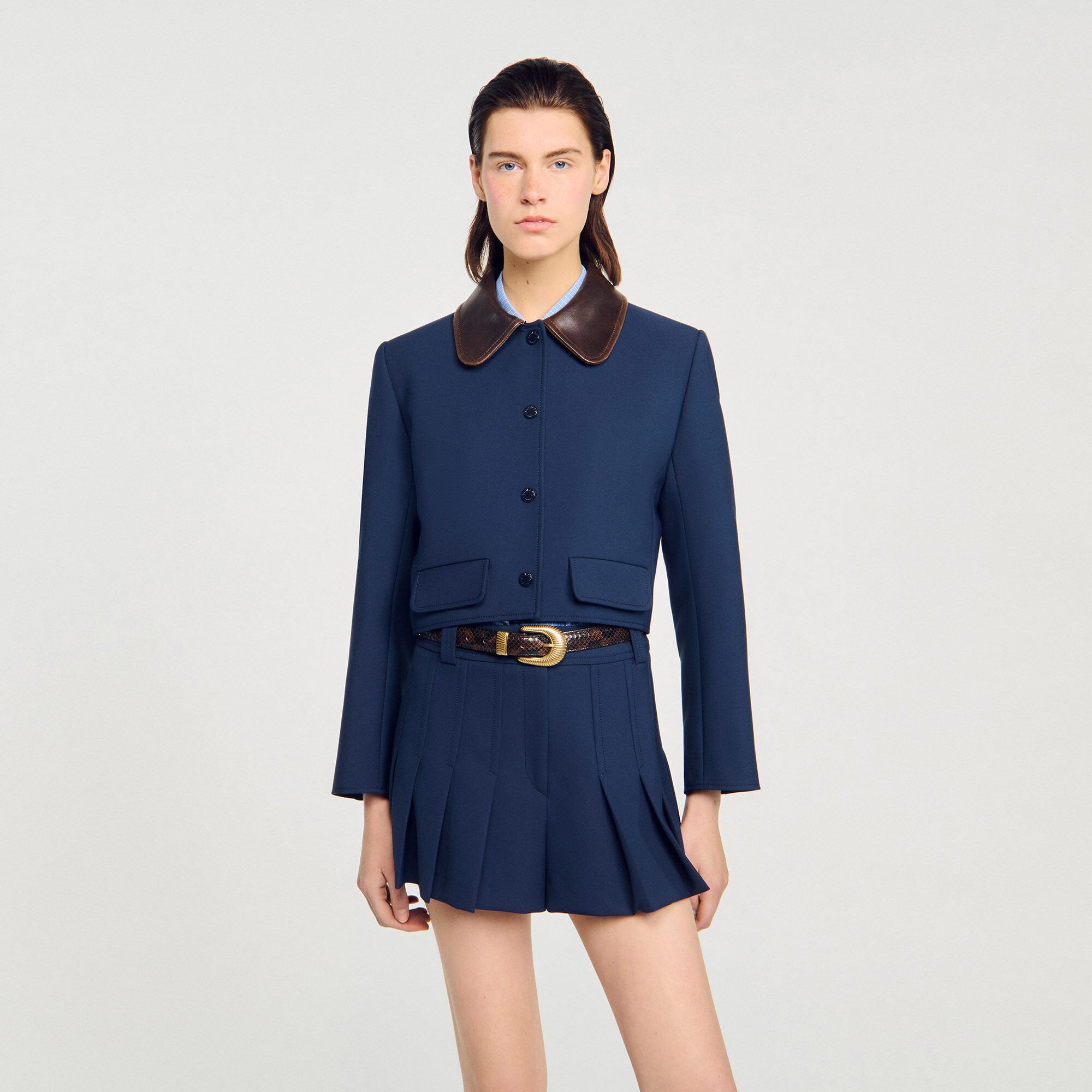 Sandro / Cropped jacket with leather collar Navy Blue