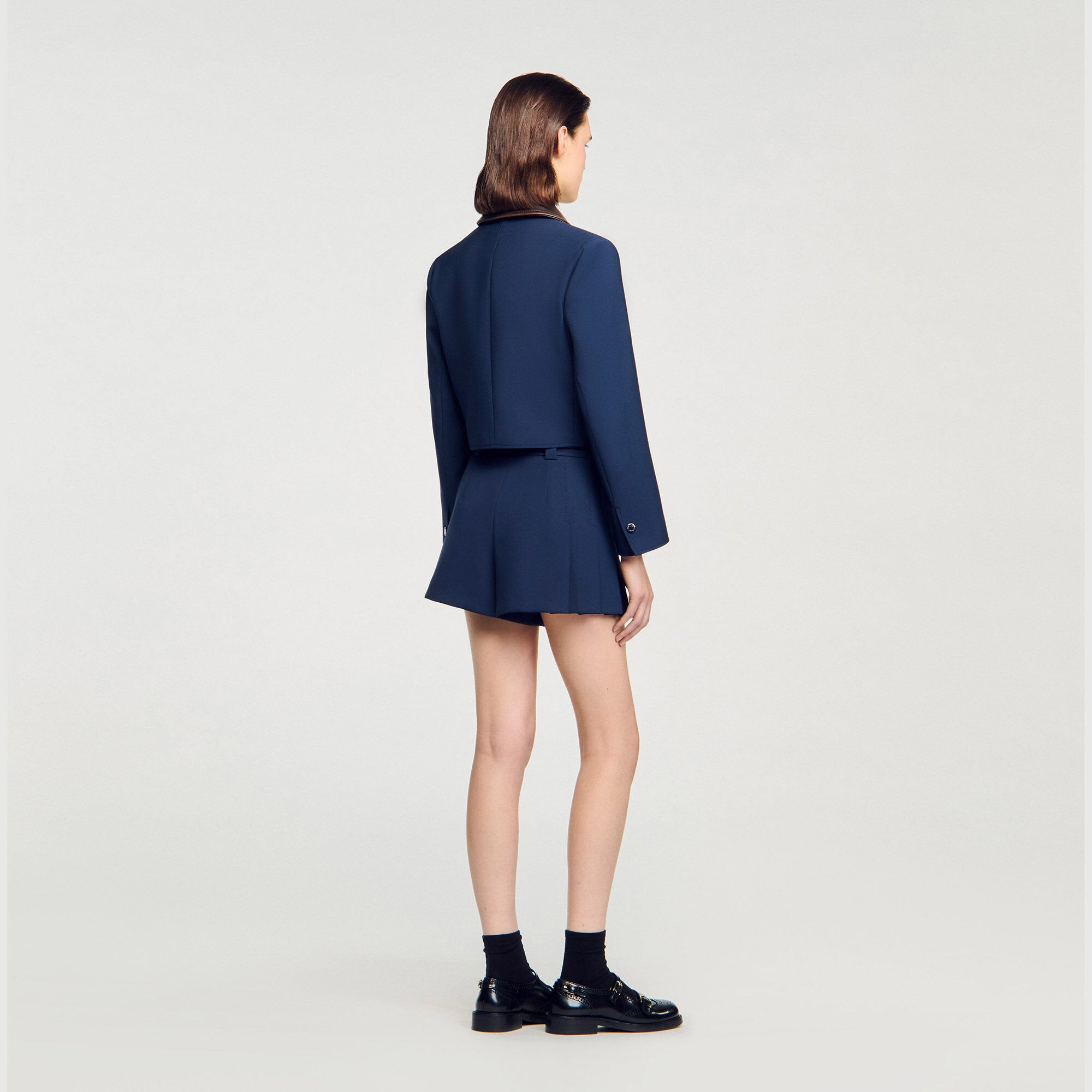 Sandro / Cropped jacket with leather collar Navy Blue
