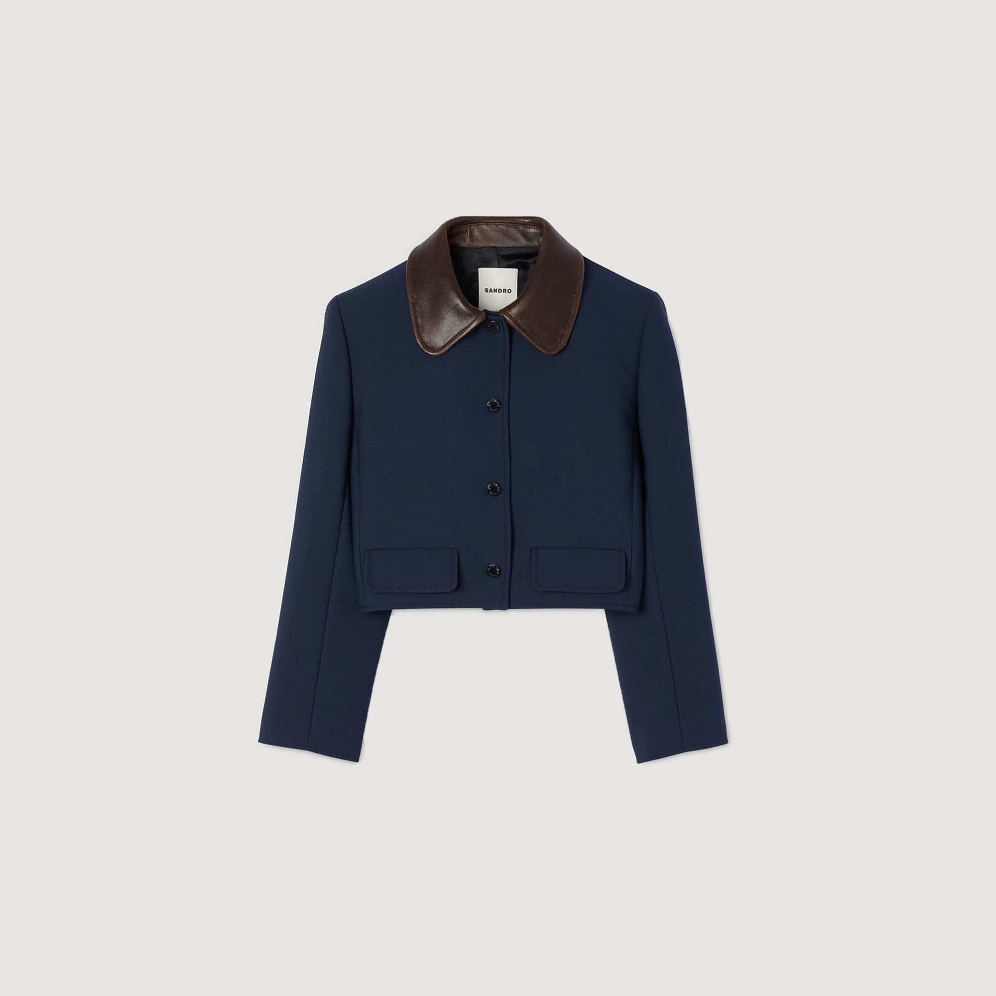 Sandro / Cropped jacket with leather collar Navy Blue