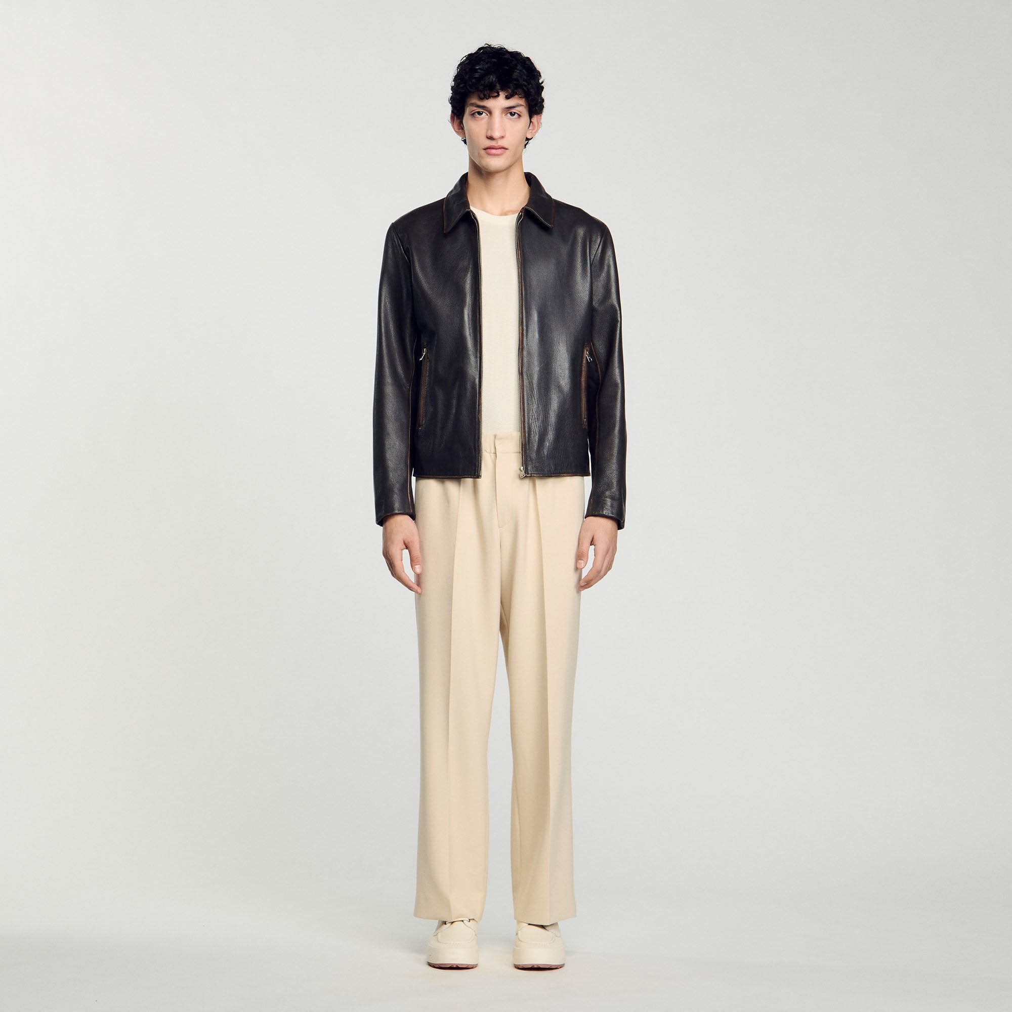 Sandro / Distressed-look leather jacket Moka.