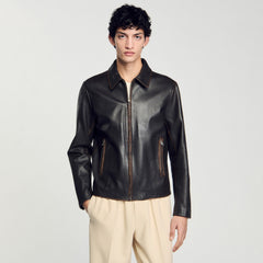Sandro / Distressed-look leather jacket Moka.