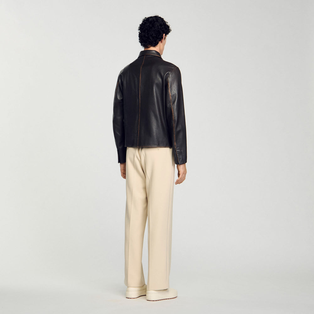 Sandro / Distressed-look leather jacket Moka.