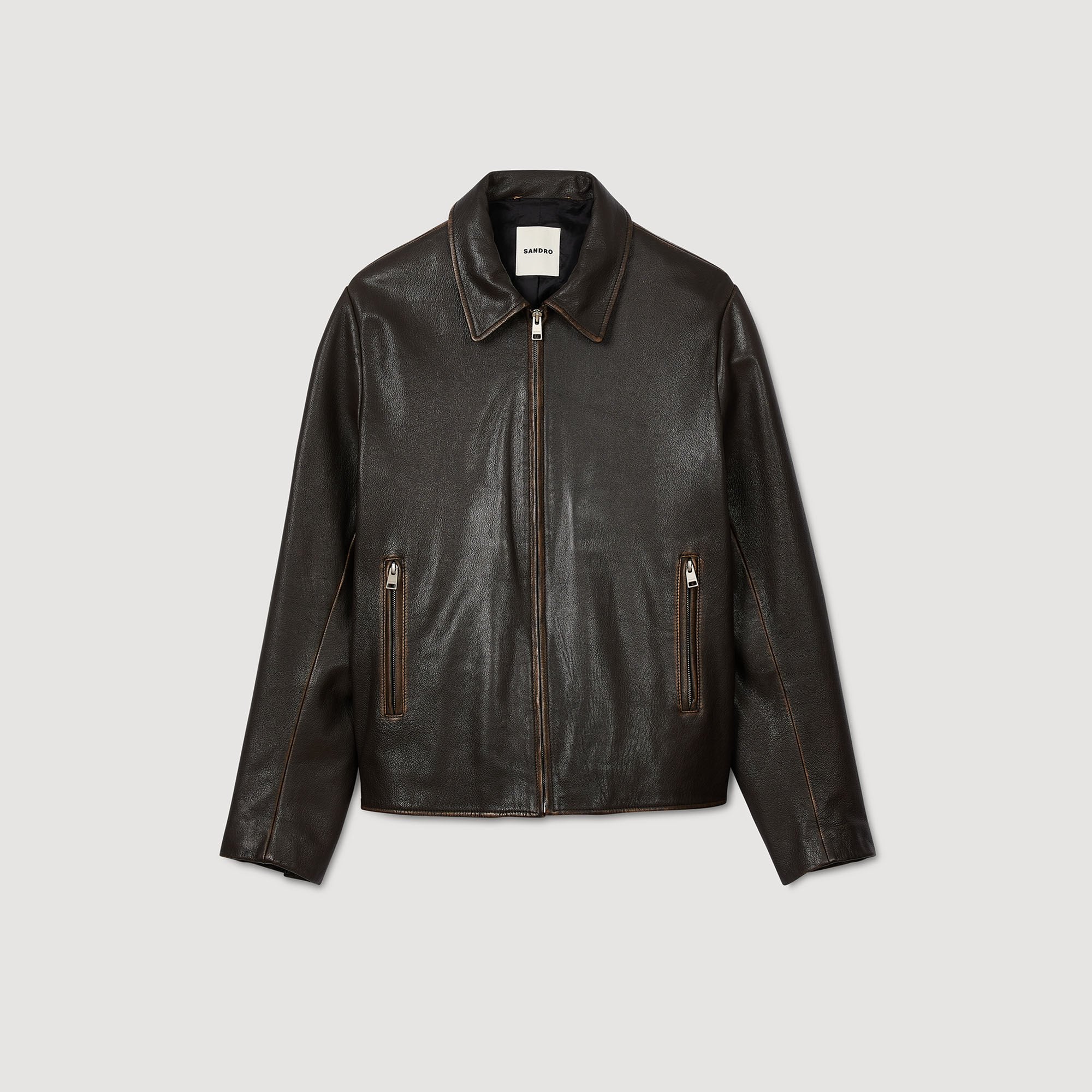 Sandro / Distressed-look leather jacket Moka.