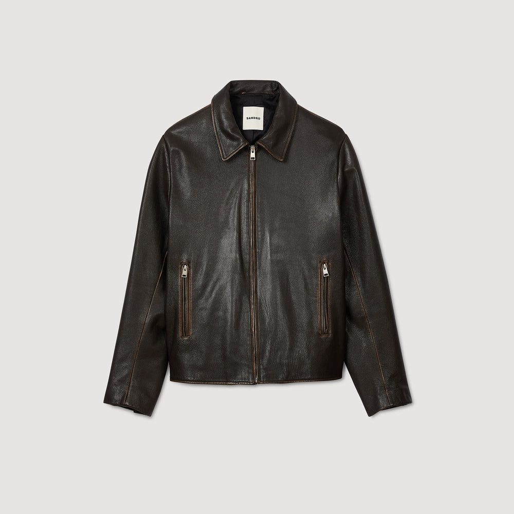 Sandro / Distressed-look leather jacket Moka.