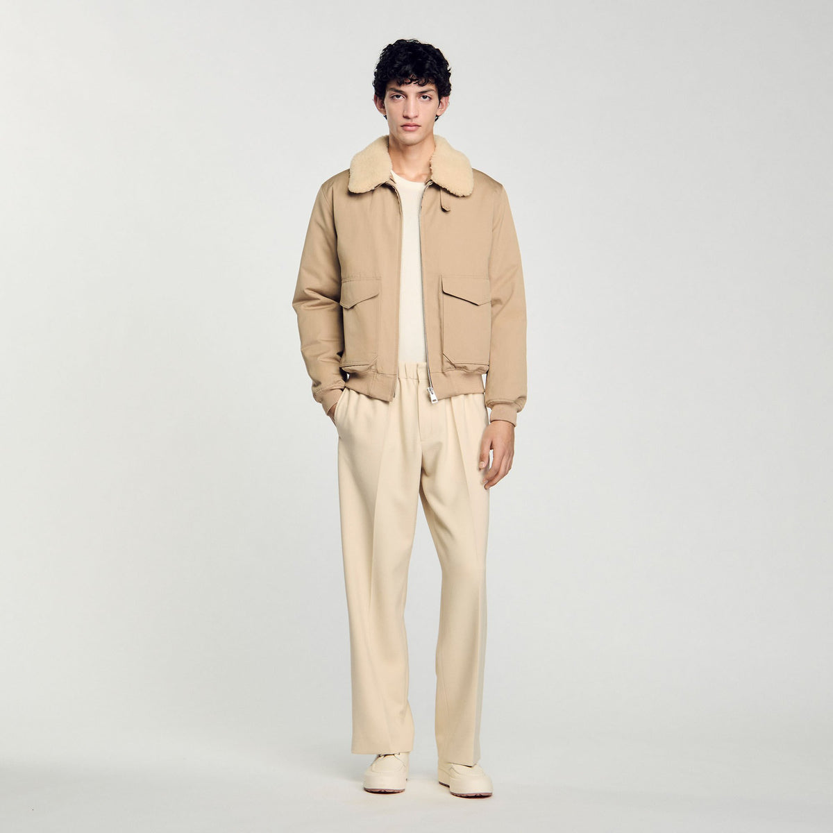 Sandro / Shearling collar aviator jacket Sand