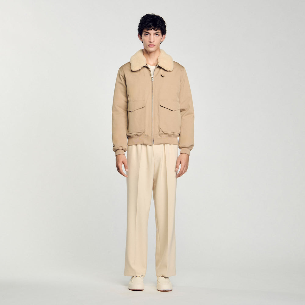 Sandro / Shearling collar aviator jacket Sand