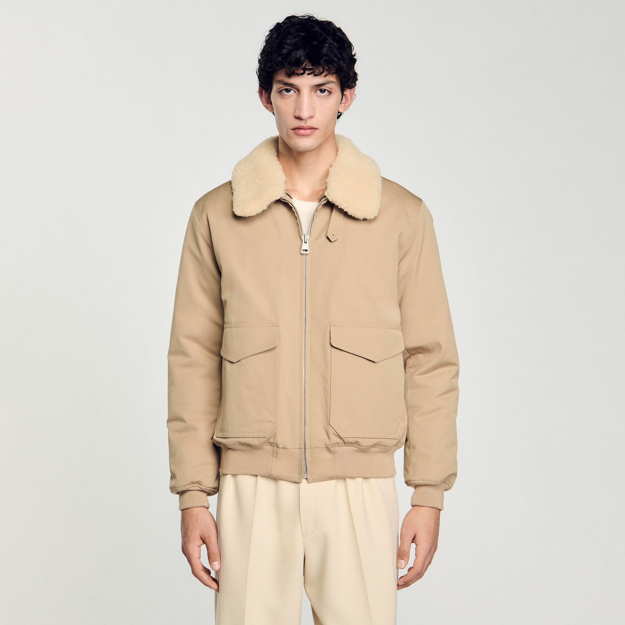 Sandro / Shearling collar aviator jacket Sand