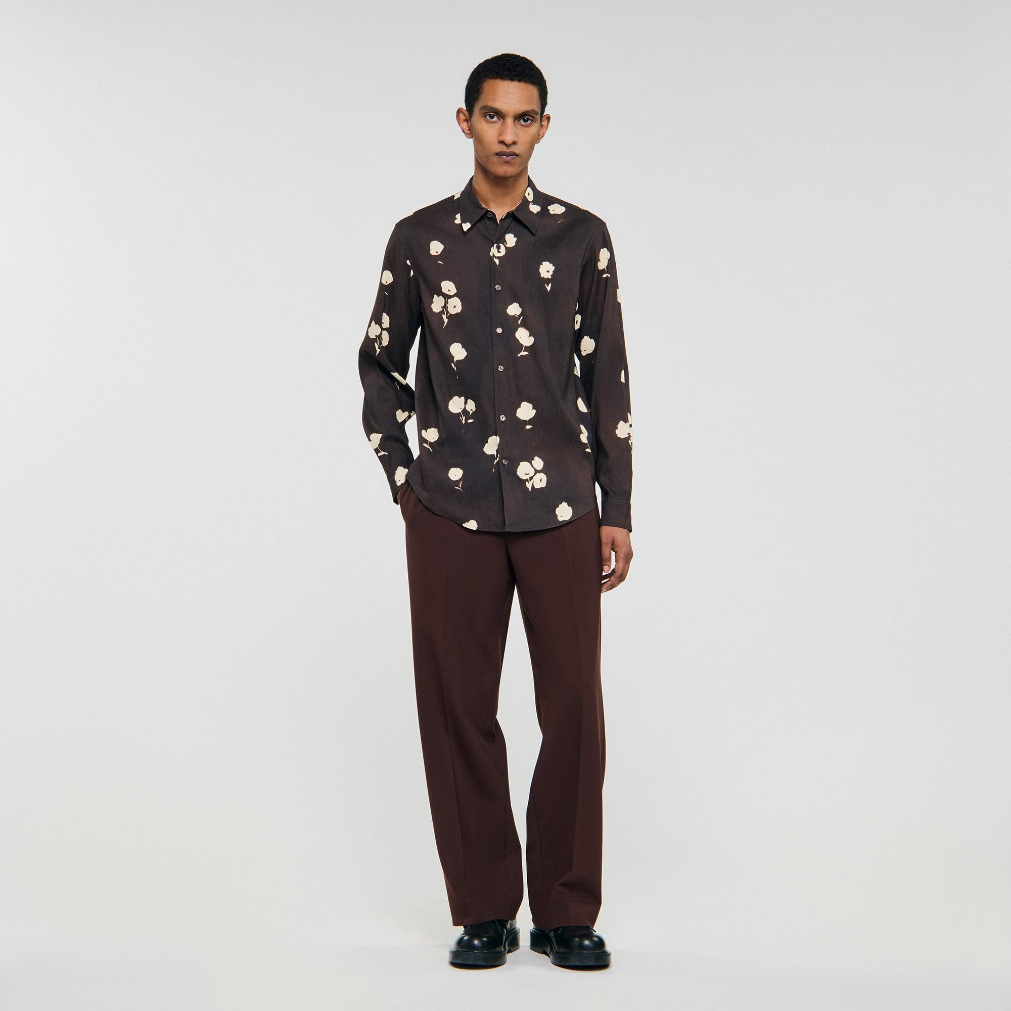 Sandro / Floral print linen shirt Chocolate