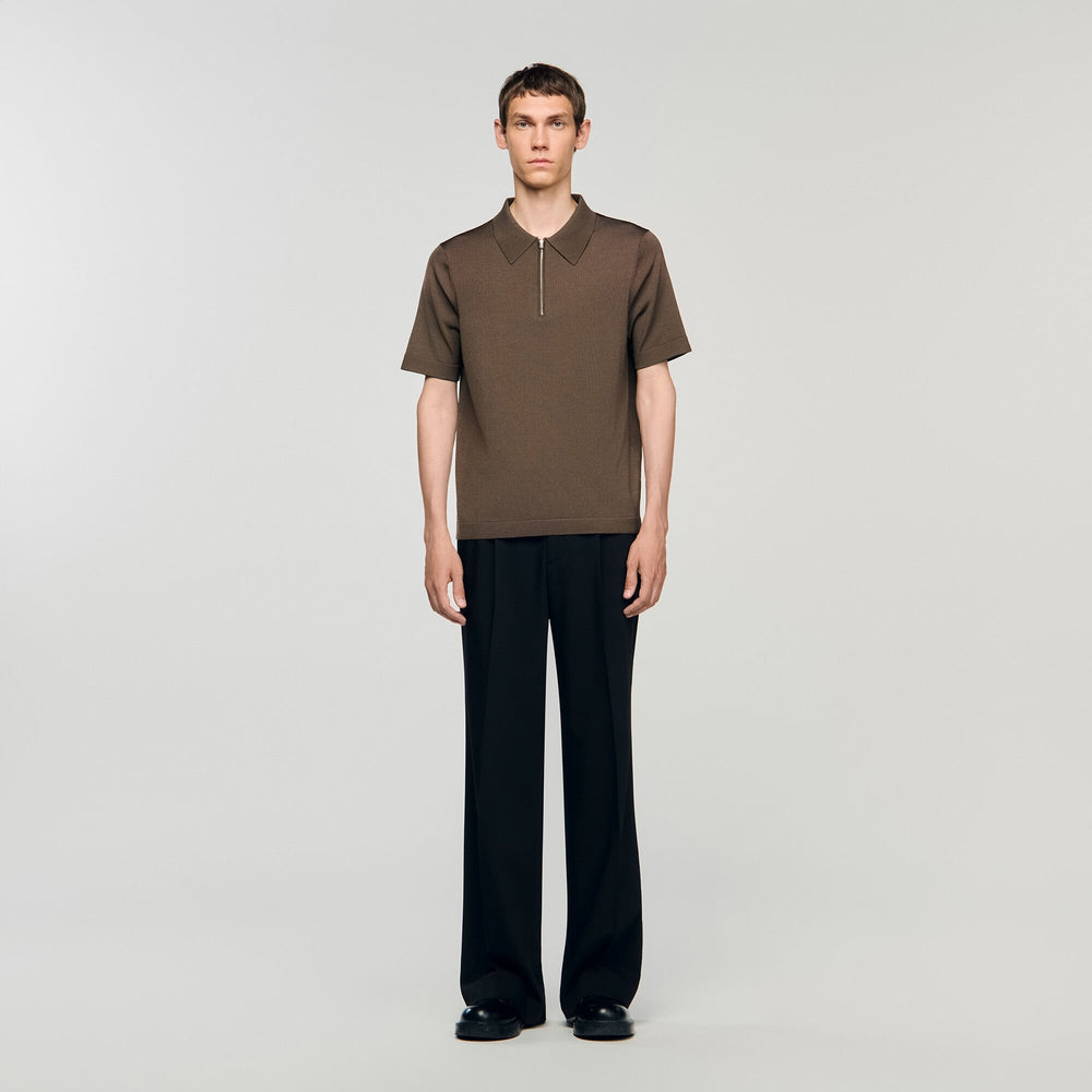 Sandro / Knitted polo shirt with zip collar Caramel