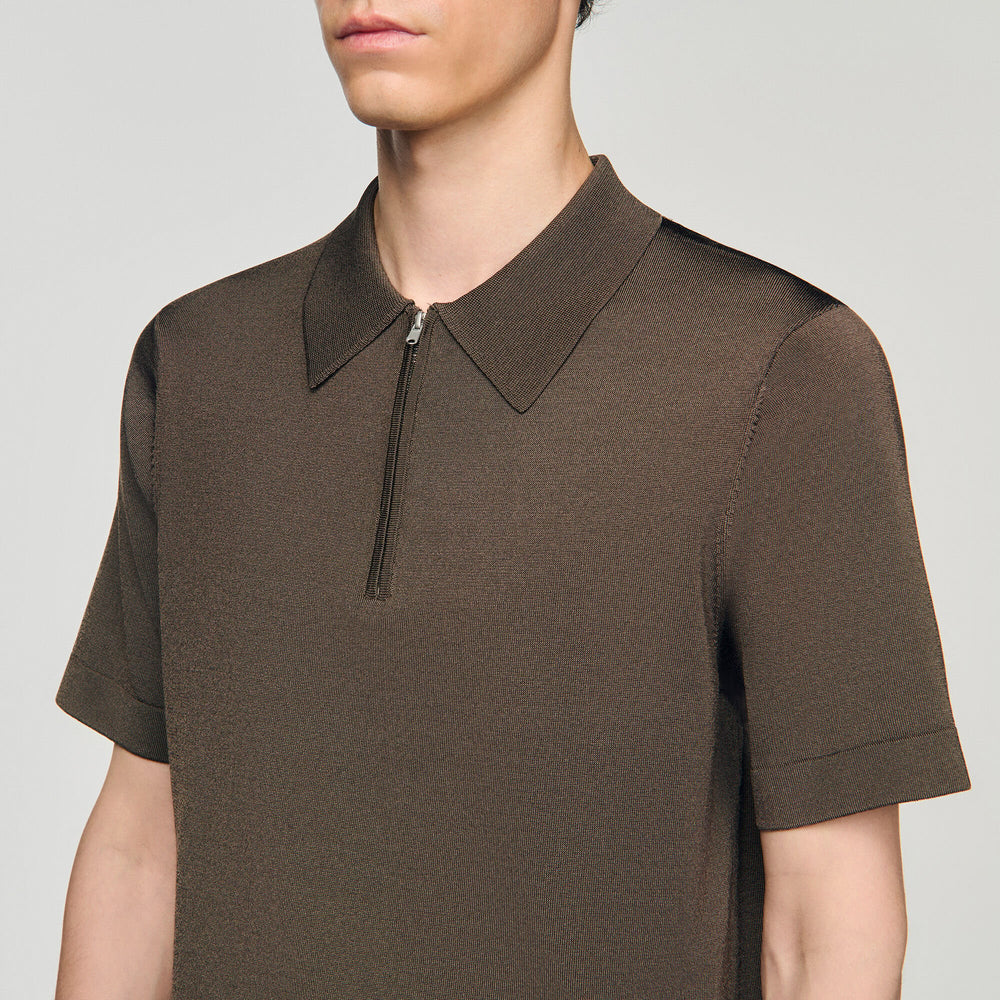 Sandro / Knitted polo shirt with zip collar Caramel