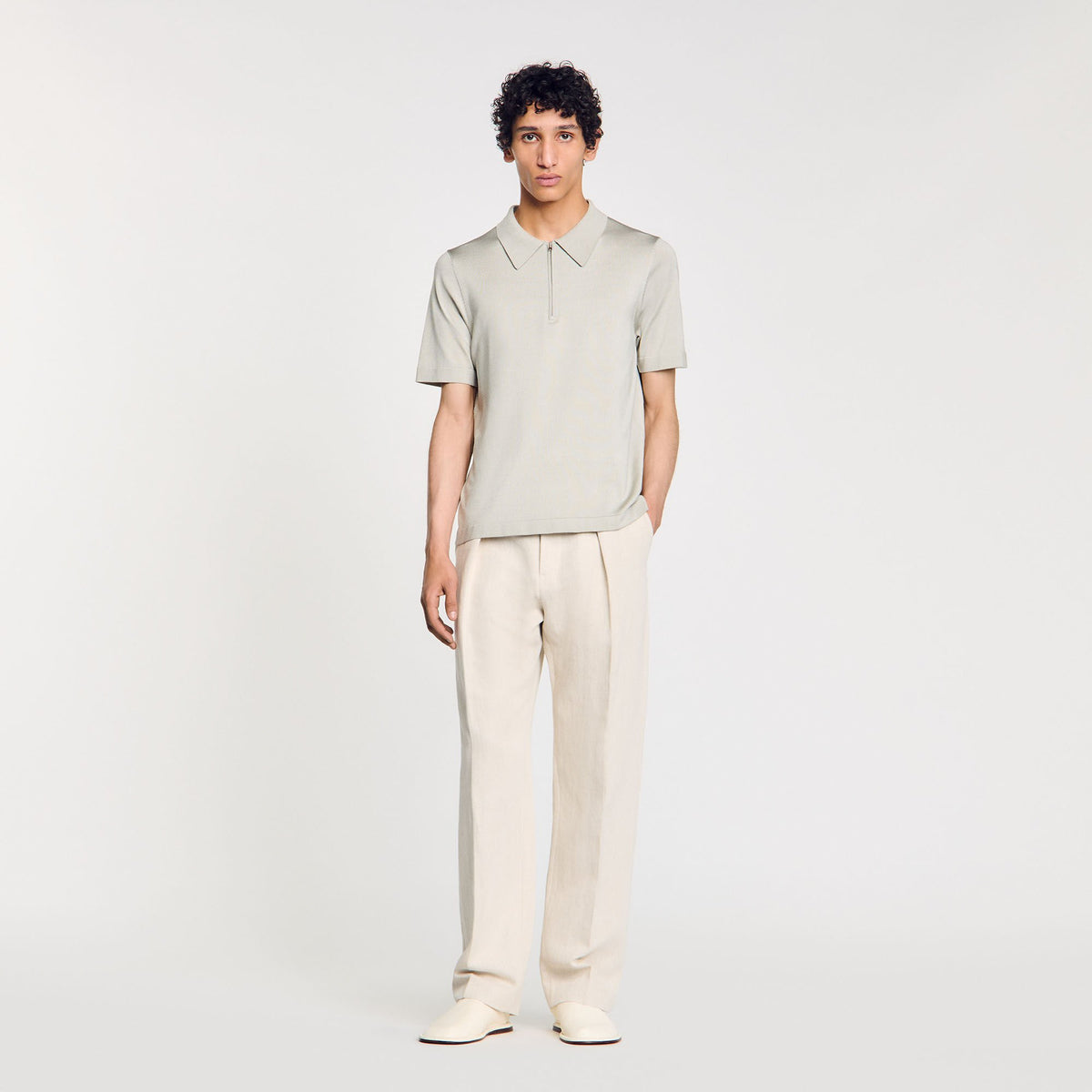 Sandro / Knitted polo shirt with zip collar Steel