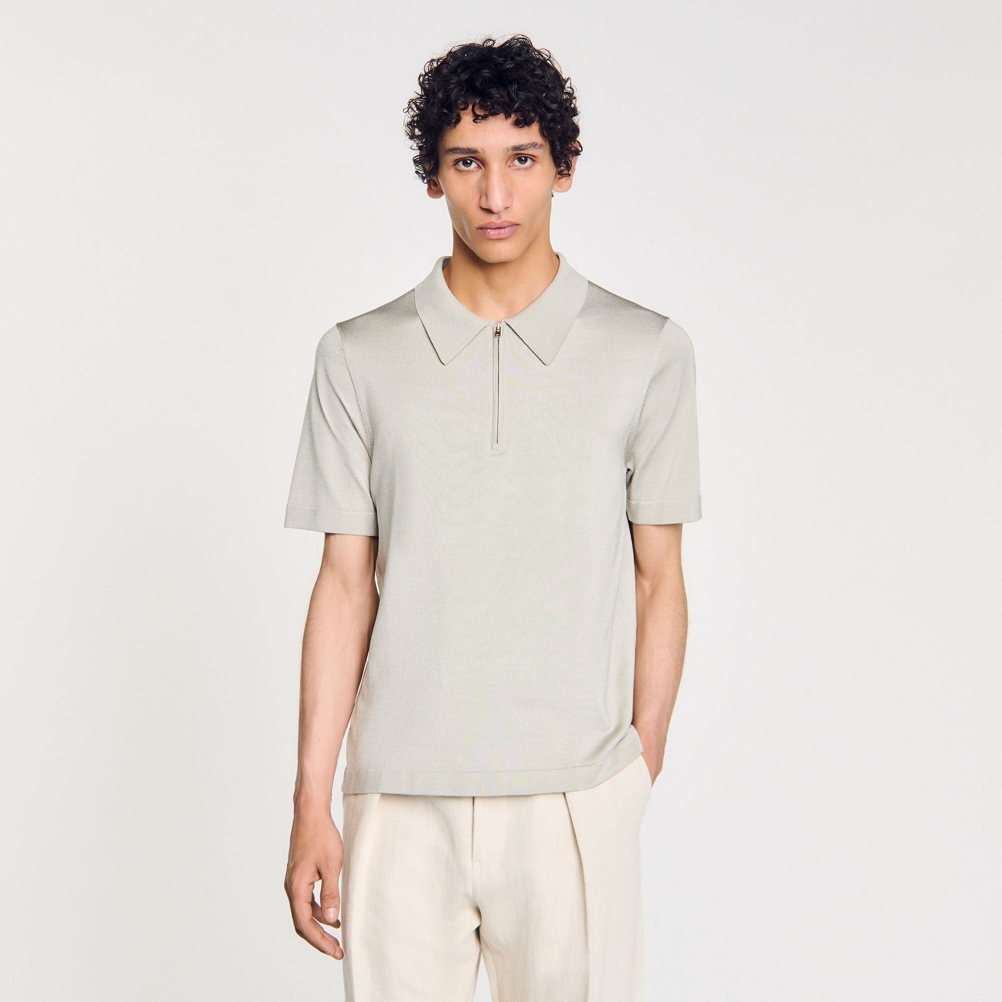 Sandro / Knitted polo shirt with zip collar Steel