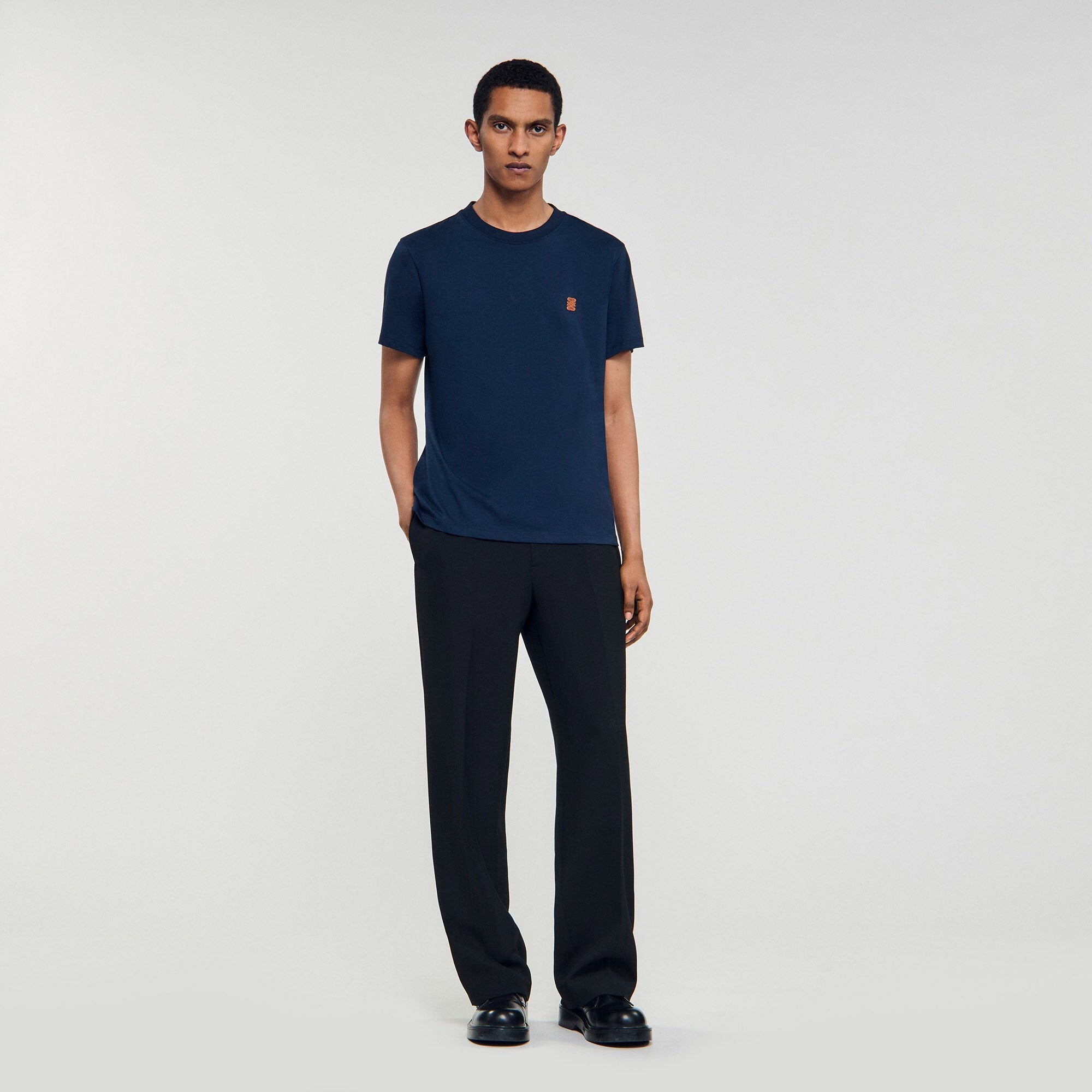 Sandro / Leather logo T-shirt Navy Blue