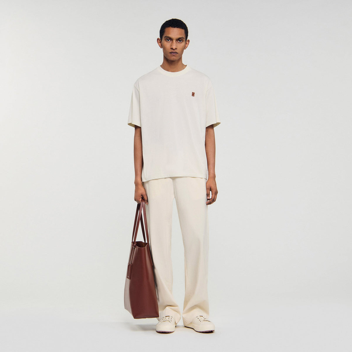 Sandro / Leather logo T-shirt Butter Cream