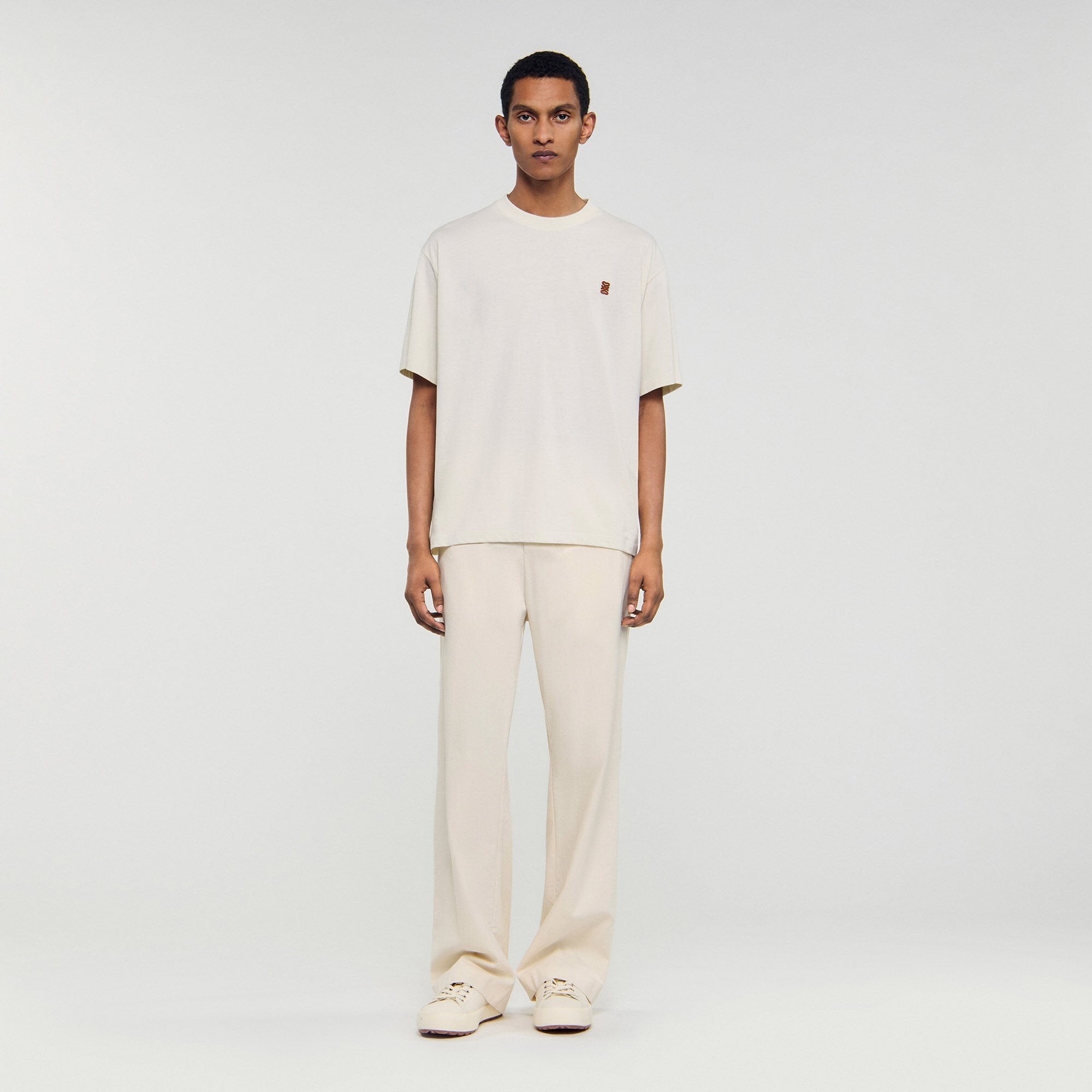 Sandro / Leather logo T-shirt Butter Cream