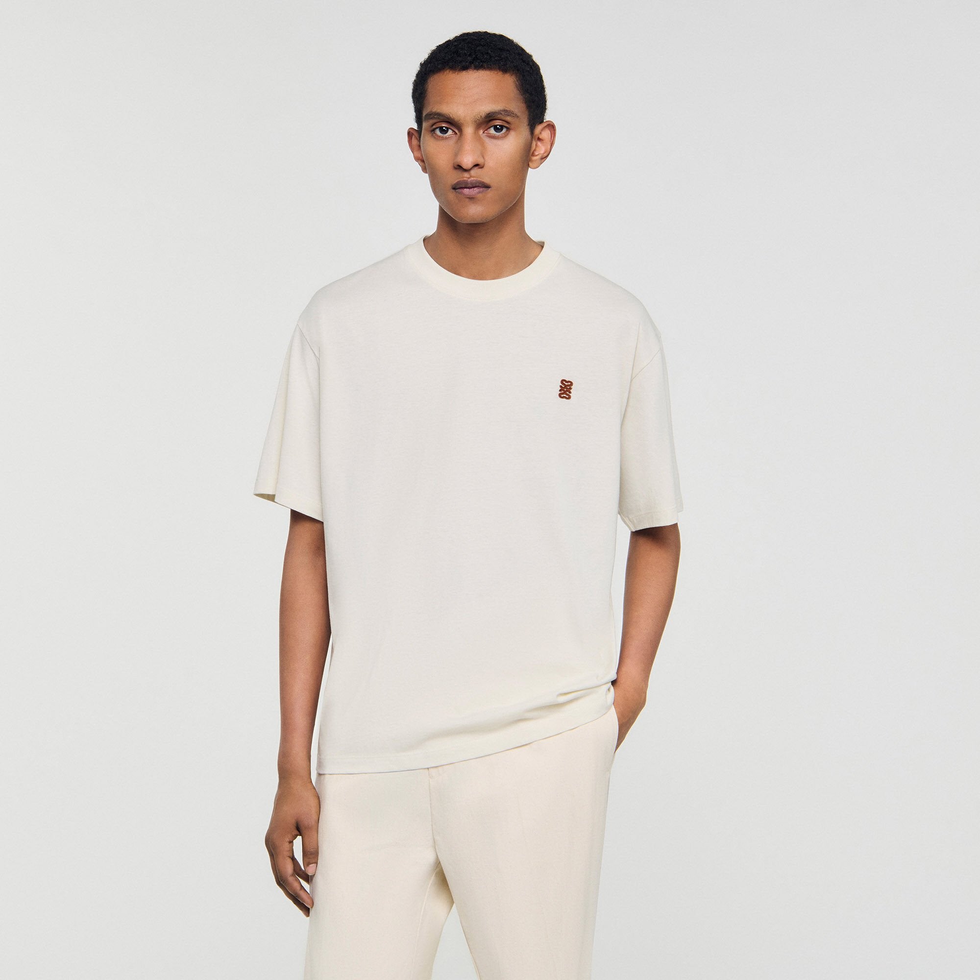 Sandro / Leather logo T-shirt Butter Cream