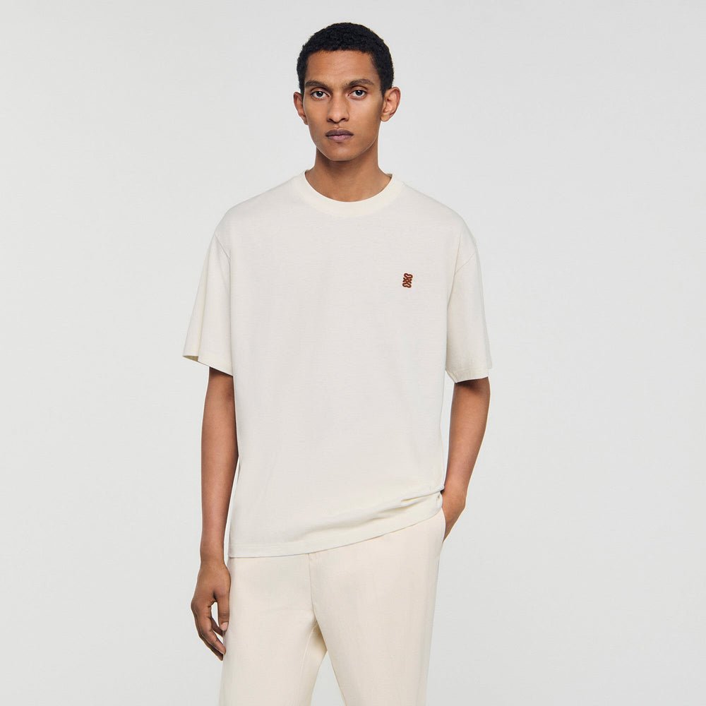 Sandro / Leather logo T-shirt Butter Cream